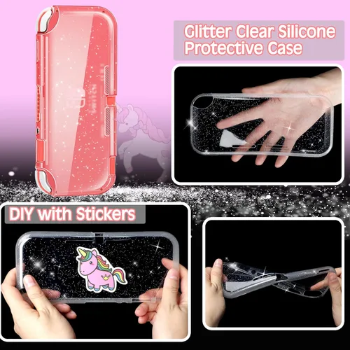 Vista 5 de Pink Unicorn Carrying Case Compatible with Nintendo Switch Lite with Crystal Glitter Soft Protective Case Cover+Screen Protector+Stickers, Hard