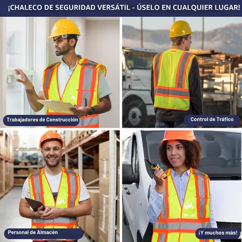 Vista 7 de Chaleco de seguridad de alta visibilidad, chaleco de seguridad ANSI Clase 2 con 5 bolsillos, amarillo con cierre de ajustable, malla transpirable