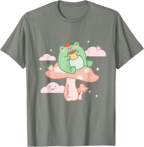 Vista 31 de Kawaii Strawberry Frog On Mushroom - Camiseta de manga corta de anime, Azul / Patchwork, S Azul Pastel