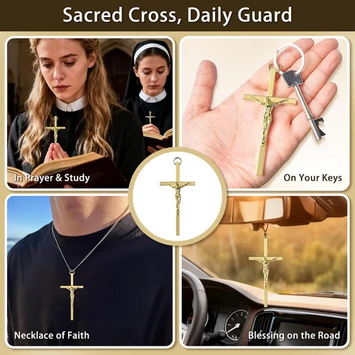 Vista 3 de KUXBET Cruz con Crucifijo, Crucifijo de Jesús en Oro Metálico, Regalo de Bolsillo de Cruz de Estrés para Aliento/Animo para Fe Cristiana, Oración