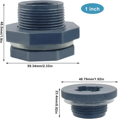 Vista 5 de 1" PVC Bulkhead Fitting con enchufes NPT1 rosca hembra conector tanque de agua para barriles de lluvia, acuarios y estanques