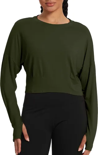 Vista 2 de Mippo Womens Oversized Long Sleeve Workout Crop Top Batwing Sleeve Shirts with Thumb Holes