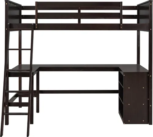Vista 4 de Cama loft de madera con estantes de almacenamiento y escritorio en forma de U, marco de cama tipo loft de tamaño individual con barandillas