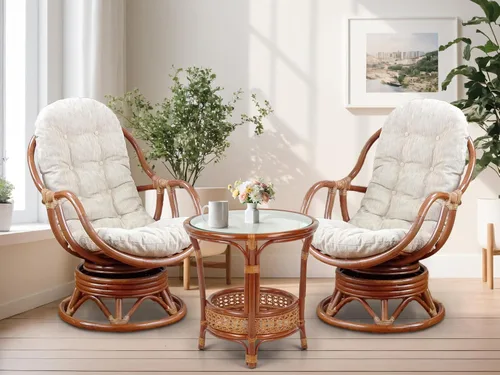 Vista 3 de Bali Lounge - Mecedora giratoria con cojín color crema, mimbre de ratán natural, hecho a mano, colonial