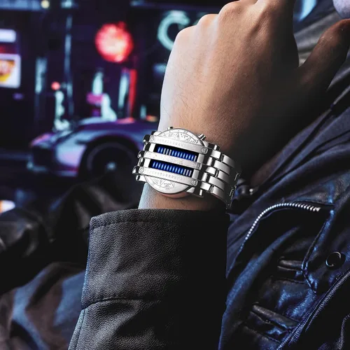 Vista 4 de Binary Matrix Blue led - Reloj Digital para hombre, moda clásica y creativa, color negro chapado