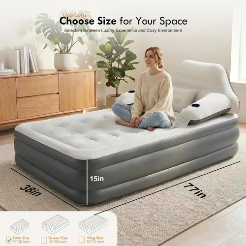 Vista 6 de DIMAR GARDEN Colchón de aire tamaño individual con cabecero y bomba, colchón hinchable cama inflable con almohadas