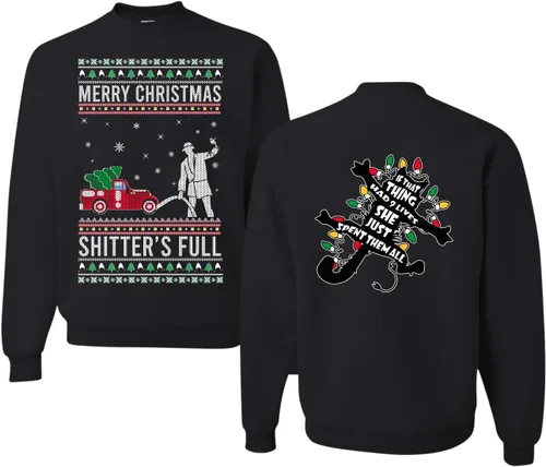 Vista 21 de Wild Bobby Sudadera con gráfico de cuello redondo con texto en inglés "Merry Christmas Shitter's Full Funny Ugly Christmas" Negro (black Hoodie)