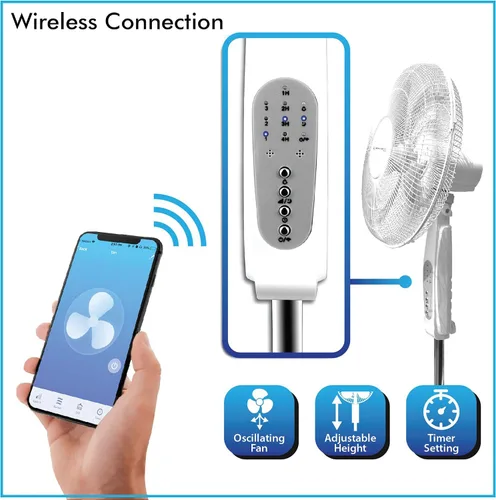 Vista 4 de Technical Pro Ventilador de pedestal oscilante inteligente, 3 velocidades portátil de 16 pulgadas, ventilador de pie habilitado para WIFI, altura