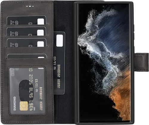 Vista 37 de HARDISTON Funda tipo cartera compatible con Samsung Galaxy S21, hecha a mano, de piel auténtica, cubierta magnética desmontable tipo flip con Negro