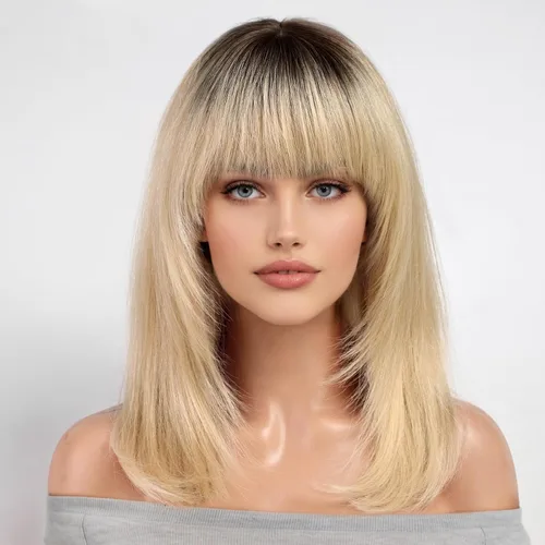 Vista 14 de KKU Pelucas de cabello humano de 16 pulgadas para mujer, peluca de cabello lacio en capas con flequillo, realismo natural, pelucas de cabello real