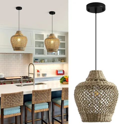 Vista 12 de Lámpara colgante de ratán de 3 luces, estilo bohemio, tejido de mimbre, costero, para colgar en el techo, para cocina, isla, sala de estar, comedor