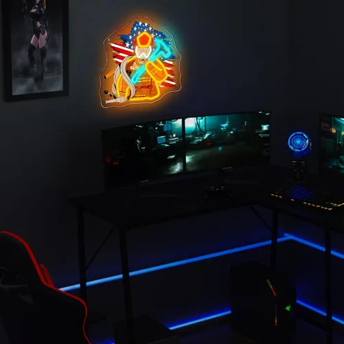 Vista 4 de Mutank Letrero de neón de bombero, bandera estadounidense, luz de neón LED de bombero alimentado por USB, para primeros auxilios, tributo al héroe
