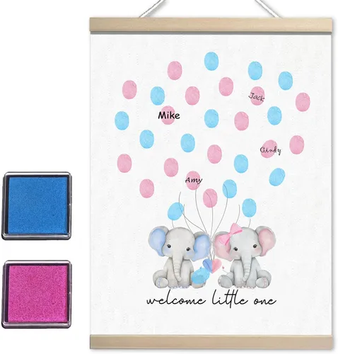 Vista 12 de QZCYU Libros de invitados de lienzo con huellas dactilares para revelación de género, decoraciones de baby shower, decoración de fiesta