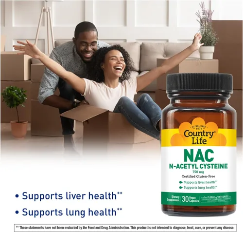 Vista 2 de Country Life N-acetil cisteína (NAC) 750 mg – Suplemento premium de apoyo hepático y salud pulmonar – Potente protección antioxidante