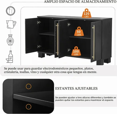 Vista 7 de Armario de almacenamiento de madera con estantes ajustables, mesa de consola de estilo tradicional con manija de puerta de flores talladas para sala