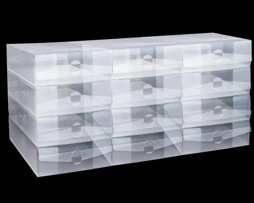 Vista 5 de Shihanee 12 cajas para botas, de plástico transparente, apilables, para almacenamiento de zapatos, contenedores plegables y resistentes