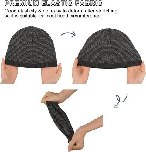 Vista 4 de OMECHY Gorros de punto cálidos de invierno para hombre, diseño de calavera lisa, gorro de punto tobogán