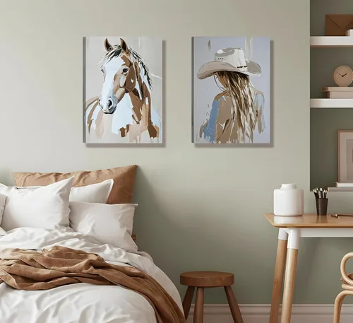 Vista 8 de 2 piezas de arte de pared enmarcado de vaquera occidental con sombrero chica vaquera y caballo, impresión en lienzo, póster, pintura al óleo