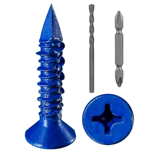 Vista 16 de Wensilon 49 piezas) Kit de ancla de tornillo para hormigón de 1/4" con cabeza plana azul para anclar a mampostería, bloque o ladrillo estuco