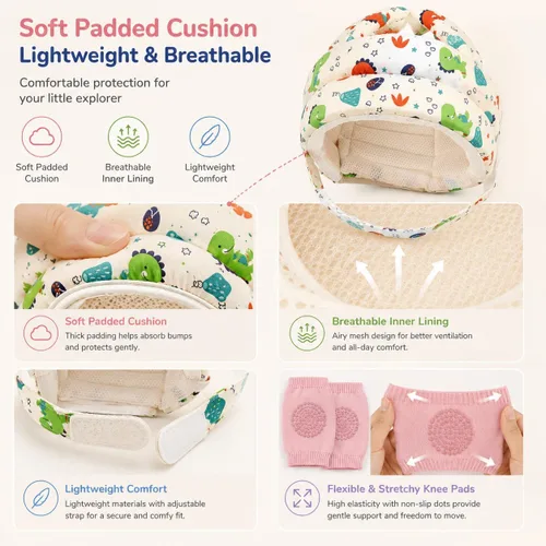 Vista 4 de Juego de protectores de cabeza y rodilleras para bebé, casco de bebé suave y ajustable para gatear, gorra de protección de cabeza infantil con 5