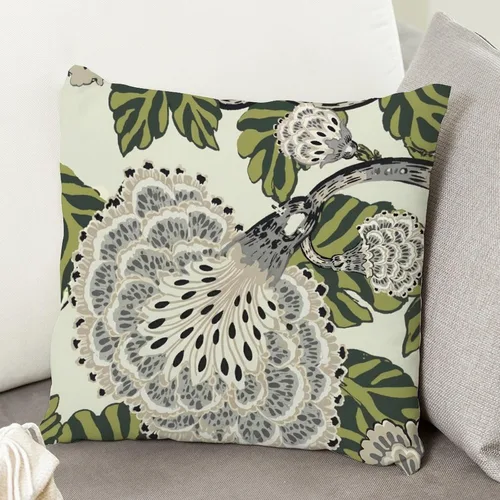 Vista 7 de ArogGeld Funda de cojín con flores verdes y blancas con flores grises y negras y hojas verdes en estilo chinoiserie, funda de almohada cuadrada