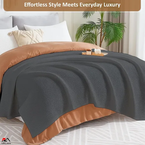 Vista 6 de Manta de cama de gofres, 100% algodón, suave, ligera, transpirable, manta térmica para todas las estaciones, tamaño matrimonial, gris oscuro