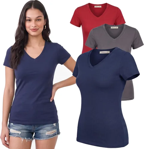 Vista 34 de Emmalise Camiseta de manga corta para mujer, cuello en V, tallas junior y plus