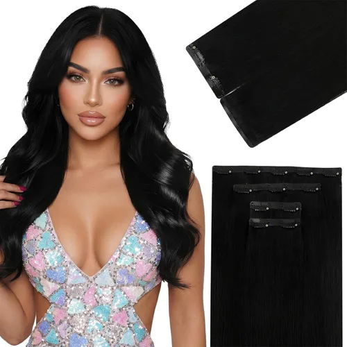 Vista 41 de Ve Sunny Extensiones de cabello clip-in de cabello humano real con reflejos, extensiones de cabello con clip para cabello corto, marrón oscuro