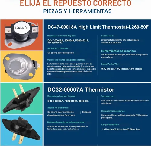 Vista 6 de Elemento calefactor para secadora ACTUALIZACIÓN 2025 para Samsung dv42h5000ew/a3 dv45h7000ew/a2 dv48h7400ew/a2 DC47-00019A Elemento calefactor