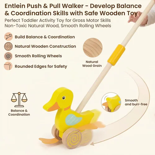 Vista 8 de WOODENFUN Juguetes de empuje de madera para niños pequeños, bebé tire a lo Montessori - Juguete de desarrollo temprano para niñas de 1 año, regalo