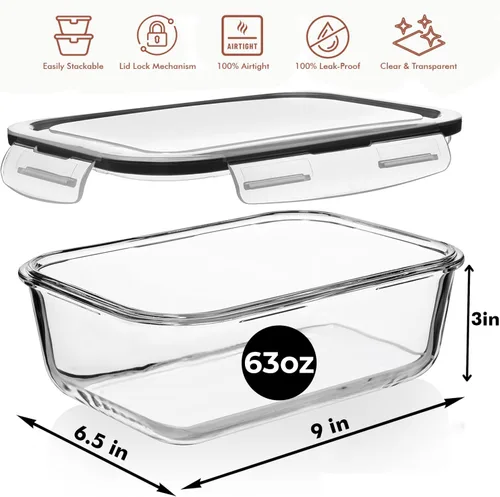 Vista 3 de Razab 4 recipientes grandes de vidrio para almacenar alimentos de 62.9 fl oz / 63 onzas / 8 tazas con tapas, recipientes de vidrio para preparar