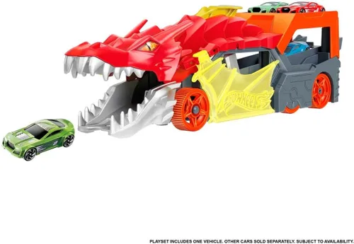 Vista 3 de Conjunto de pista de coche de juguete Hot Wheels City, Transportador de lanzamiento de dragón y coche a escala 1:64, vehículos de lanzamiento desde