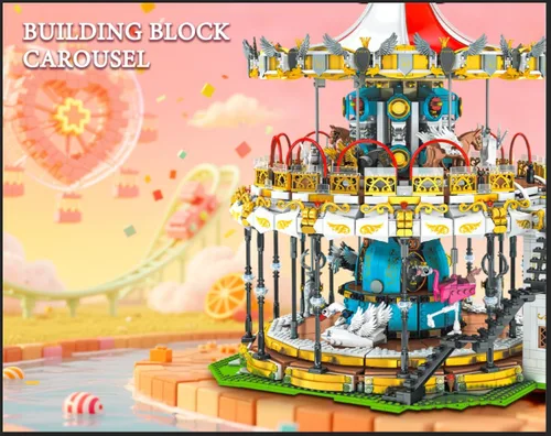 Vista 8 de Sosuy Juego de Construcción de Carrusel, Modelo de Tiovivo Motorizado Eléctrico, Juguete de Parque de Atracciones para Niños, Niñas y Adolescentes