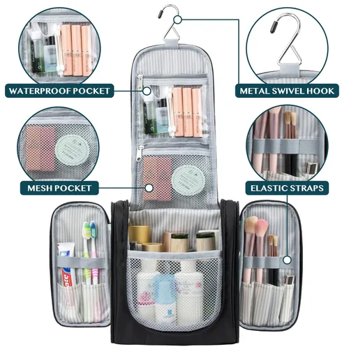 Vista 2 de PAVILIA - Bolsa de aseo para viaje para mujeres y hombres, organizador cosmético colgante, bolsa de maquillaje resistente al agua para accesorios