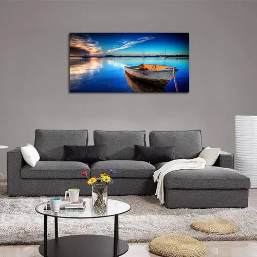 Vista 4 de yearainn Lienzo grande para pared, diseño de lancha y lago azul, puesta de sol con agua clara, cuadro moderno, naturaleza, paisaje, arte