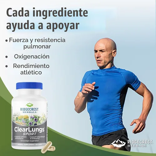 Vista 2 de RidgeCrest Herbals ClearLungs Sport para oxigenación, resistencia y rendimiento atlético - 60 cápsulas veganas