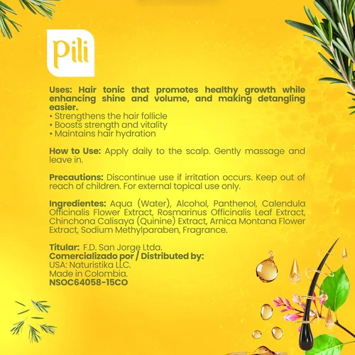 Vista 9 de Pili Natural Hair Tonic contiene extractos de pantenol, romero, quinina, árnica y caléndula que ayudan a fortalecer y nutrir los folículos pilosos