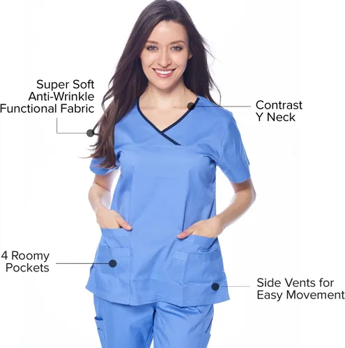 Vista 5 de Dagacci Medical Uniform® Conjunto de ropa quirúrgica para mujer – Conjunto de camisa y pantalones de contraste elástico natural para mujer – 9 Egg