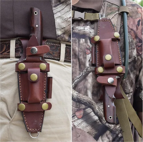 Vista 7 de Knives Ranch Cuchillo de Caza Artesanal de 9-1/2"- Cuchillo de Bushcraft y Campamento de Acero Damasco con Espiga Completa- Mango de Palisandro