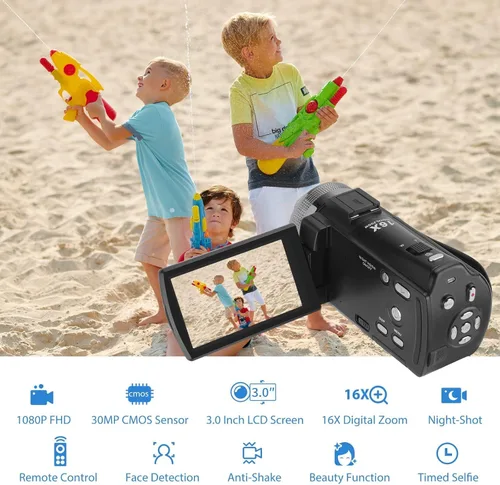 Vista 7 de Videocámara de video, Full HD 1080P 30FPS IR visión nocturna Vlogging cámara para YouTube Kids, pantalla LCD de 3.0 pulgadas, cámara digital