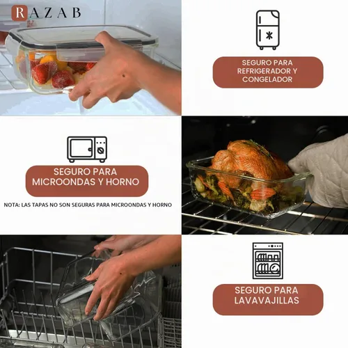 Vista 5 de Razab 4 recipientes grandes de vidrio para almacenar alimentos de 62.9 fl oz / 63 onzas / 8 tazas con tapas, recipientes de vidrio para preparar