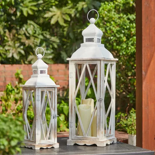 Vista 12 de Glitzhome Juego de 2 faroles decorativos de madera y metal para colgar en el patio, color negro (sin vidrio)