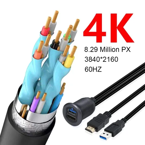 Vista 4 de MysRuida - Soporte USB 3.0 y HDMI con luz, 3.3 pies USB 3.0 macho a hembra y HDMI 4K macho a hembra, cable de extensión de montaje en panel