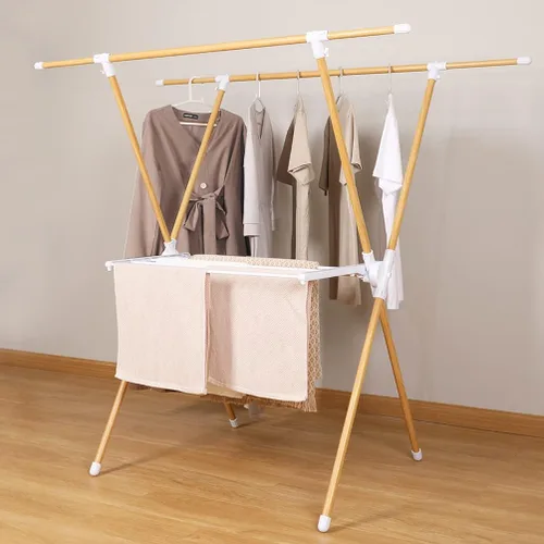 Vista 4 de BAOYOUNI Estante plegable para secar ropa con estante para toallas de lavandería, soporte en forma de X, ajustable, doble poste, organizador