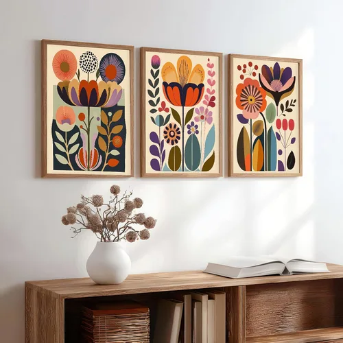 Vista 2 de Juego de 3 pósteres florales retro, imágenes de flores coloridas, póster moderno y colorido de arte de pared botánico bohemio de mediados de siglo