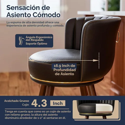 Vista 7 de SeekFancy - Juego de 2 taburetes de bar giratorios de cuero negro de 24 pulgadas Upholstered pleated backs, wood legs, gold footrests, 300lbs