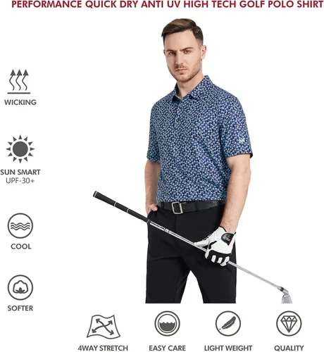 Vista 5 de Camisas de golf para hombre, Dry Fit, manga corta, estampado, de rendimiento, absorbe la humedad