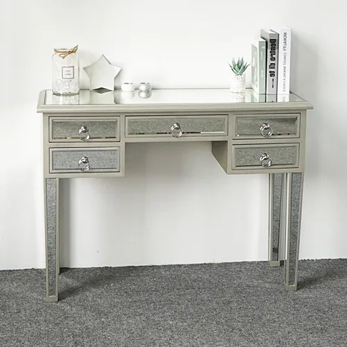 Vista 10 de Moderna mesa de consola plateada con espejo con 2 cajones de almacenamiento, escritorio rectangular de tocador, mesa de tocador de maquillaje
