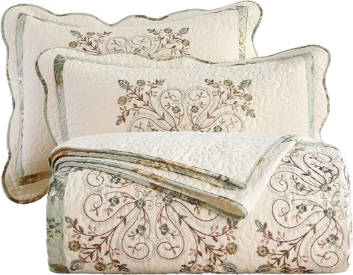 Vista 10 de vctops Elegante juego de edredón bordado de retazos de granja tamaño matrimonial/queen colcha cubrecama reversible juego de ropa de cama de algodón