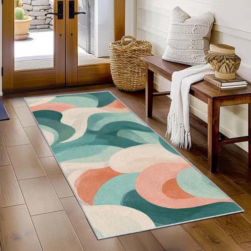 Vista 2 de Blue Fluid Line Runner Rug 2x4 Small - Hallway Runner Rug Ocean Wave Abstract Art Pattern, Non Slip, Washable, Blue Fluid Line Home Decor Carpet for